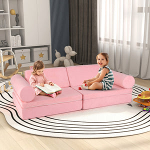 8 Pieces Kids Play Couch Foam Building Fort Play Set with Suede Cover-Pink