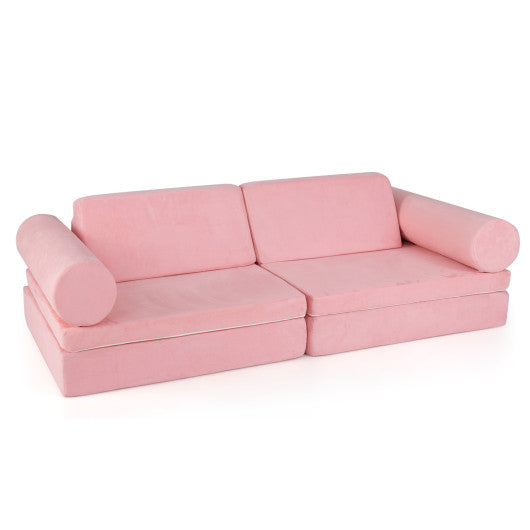 8 Pieces Kids Play Couch Foam Building Fort Play Set with Suede Cover-Pink