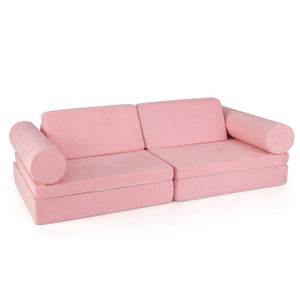 8 Pieces Kids Play Couch Foam Building Fort Play Set with Suede Cover-Pink