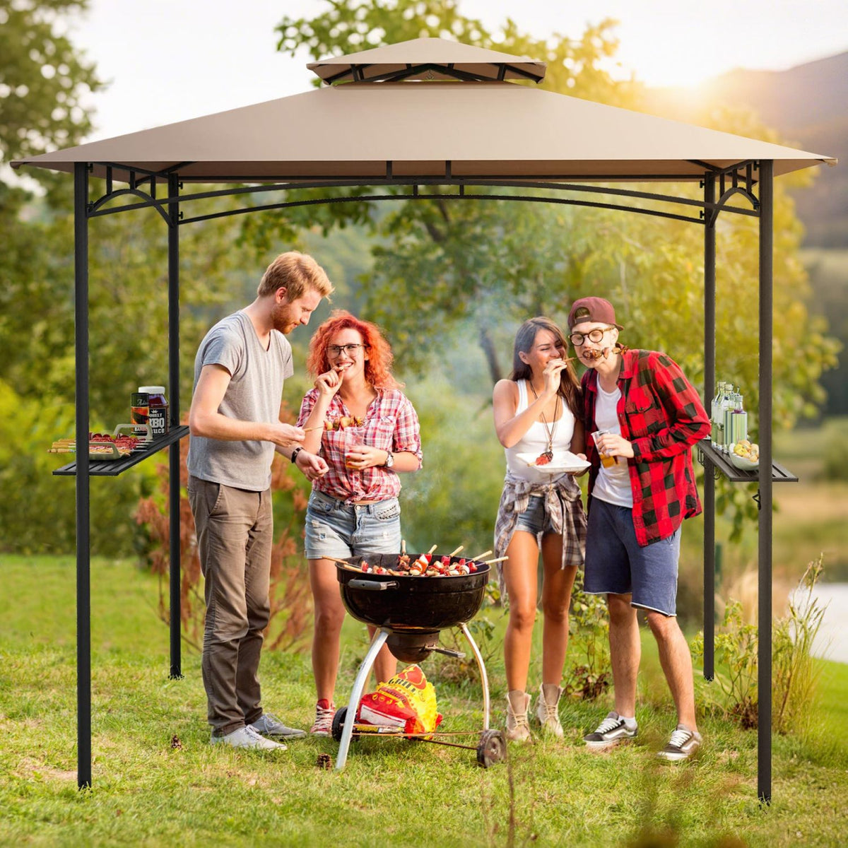 8 x 5 Feet Grill Gazebo with 2 Shelves 6 Hooks and Metal Frame-Rustic Brown