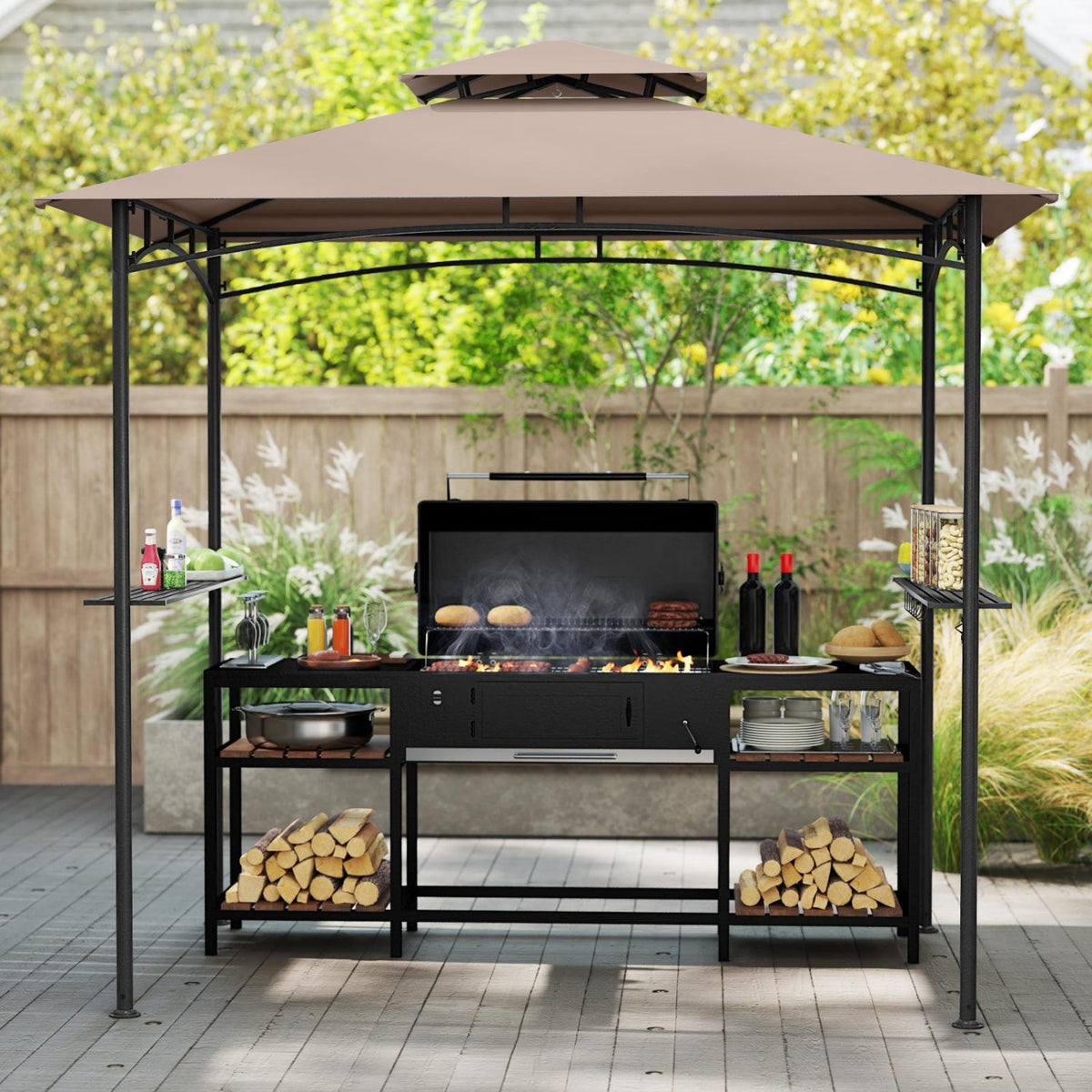 8 x 5 Feet Grill Gazebo with 2 Shelves 6 Hooks and Metal Frame-Rustic Brown