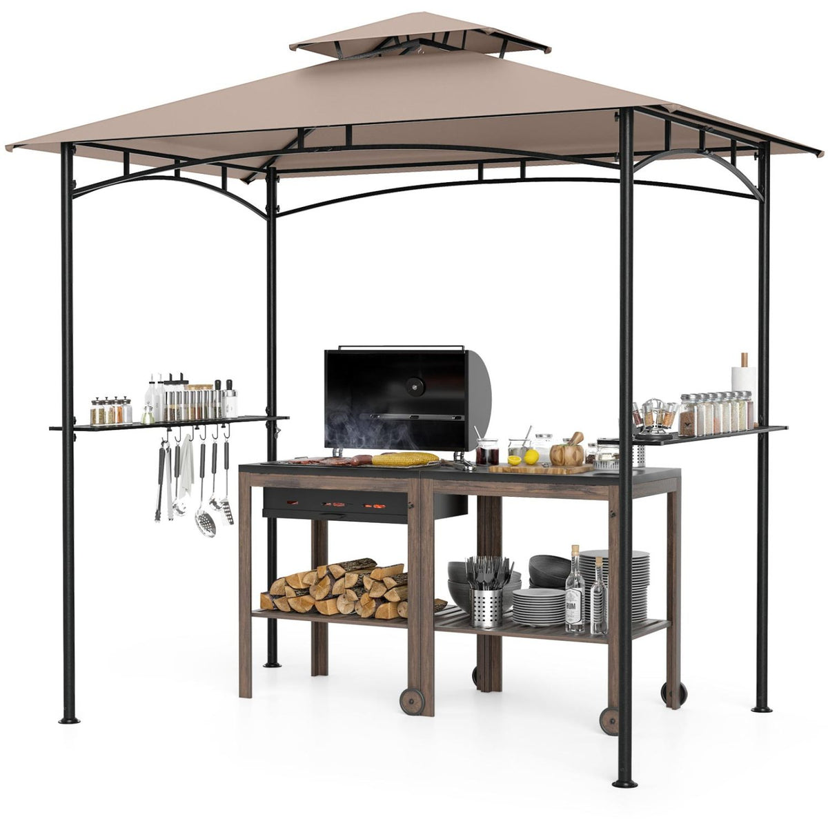 8 x 5 Feet Grill Gazebo with 2 Shelves 6 Hooks and Metal Frame-Rustic Brown