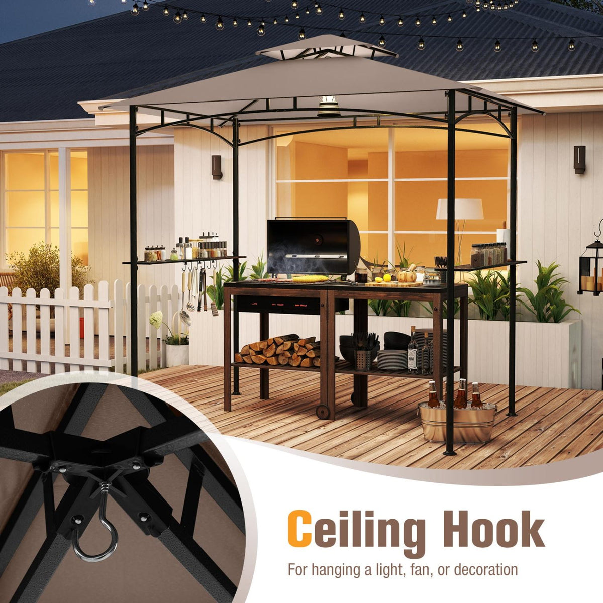 8 x 5 Feet Grill Gazebo with 2 Shelves 6 Hooks and Metal Frame-Rustic Brown