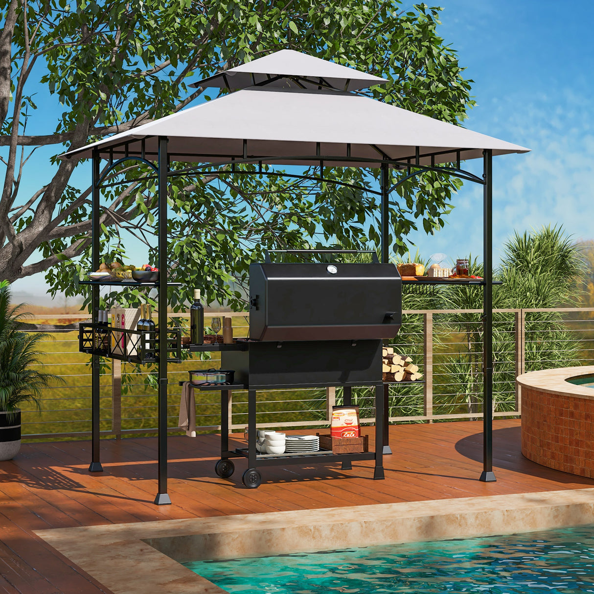 8 x 5 Feet Outdoor Grill Gazebo with 2 Side Shelves and 10 Hooks-Gray
