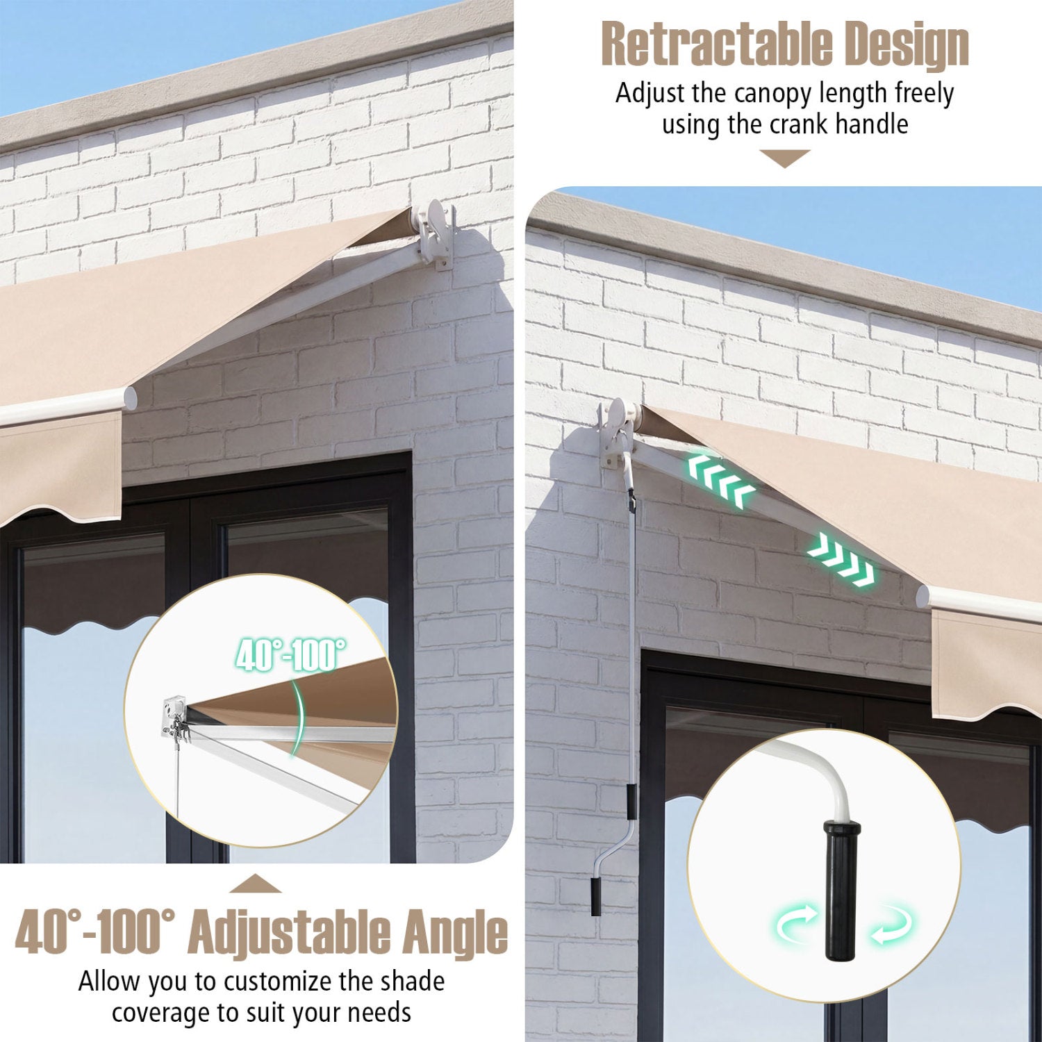8 x 6.6 Feet Patio Retractable Awning with Manual Crank Handle-Beige