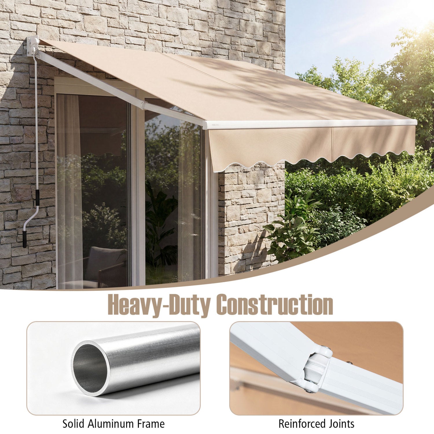 8 x 6.6 Feet Patio Retractable Awning with Manual Crank Handle-Beige