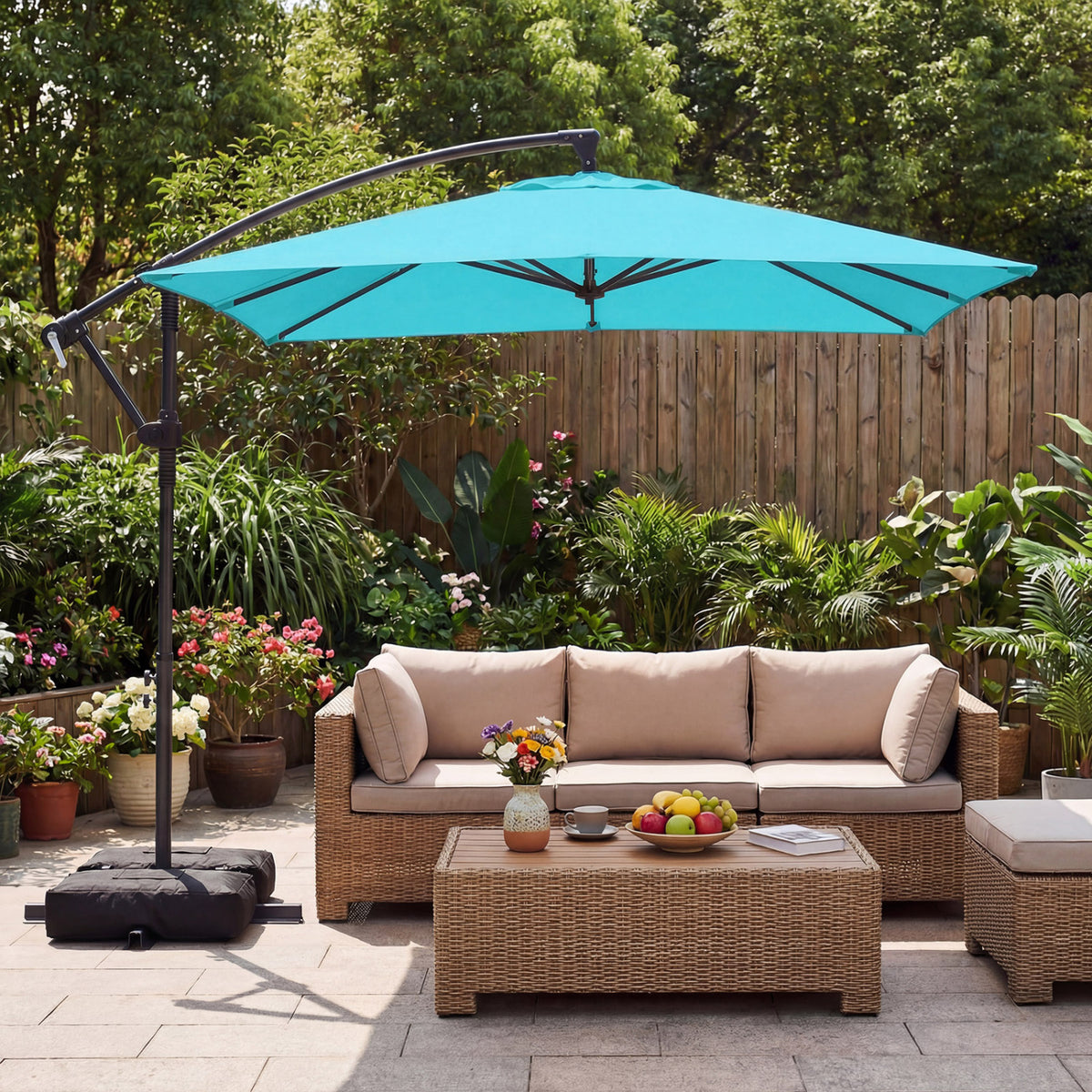 8 x 8 FT Offset Cantilever Patio Umbrella Square Hanging Outdoor Market Umbrella with 360Â° Rotation-Turquoise