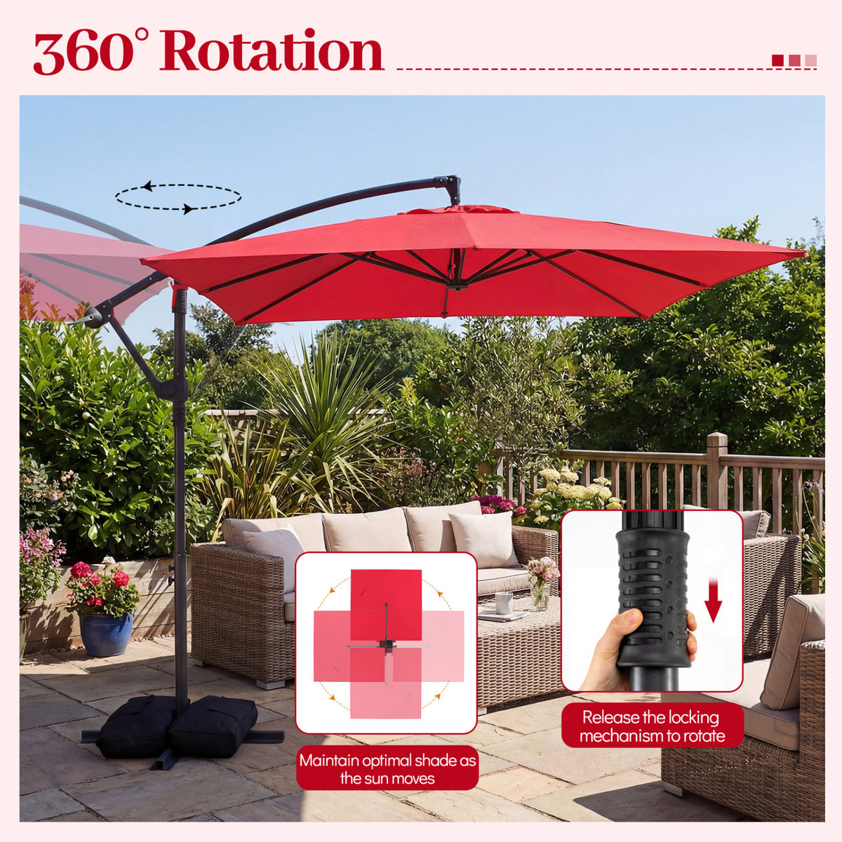 8 x 8 FT Offset Cantilever Patio Umbrella Square Hanging Outdoor Market Umbrella with 360Â° Rotation-Red