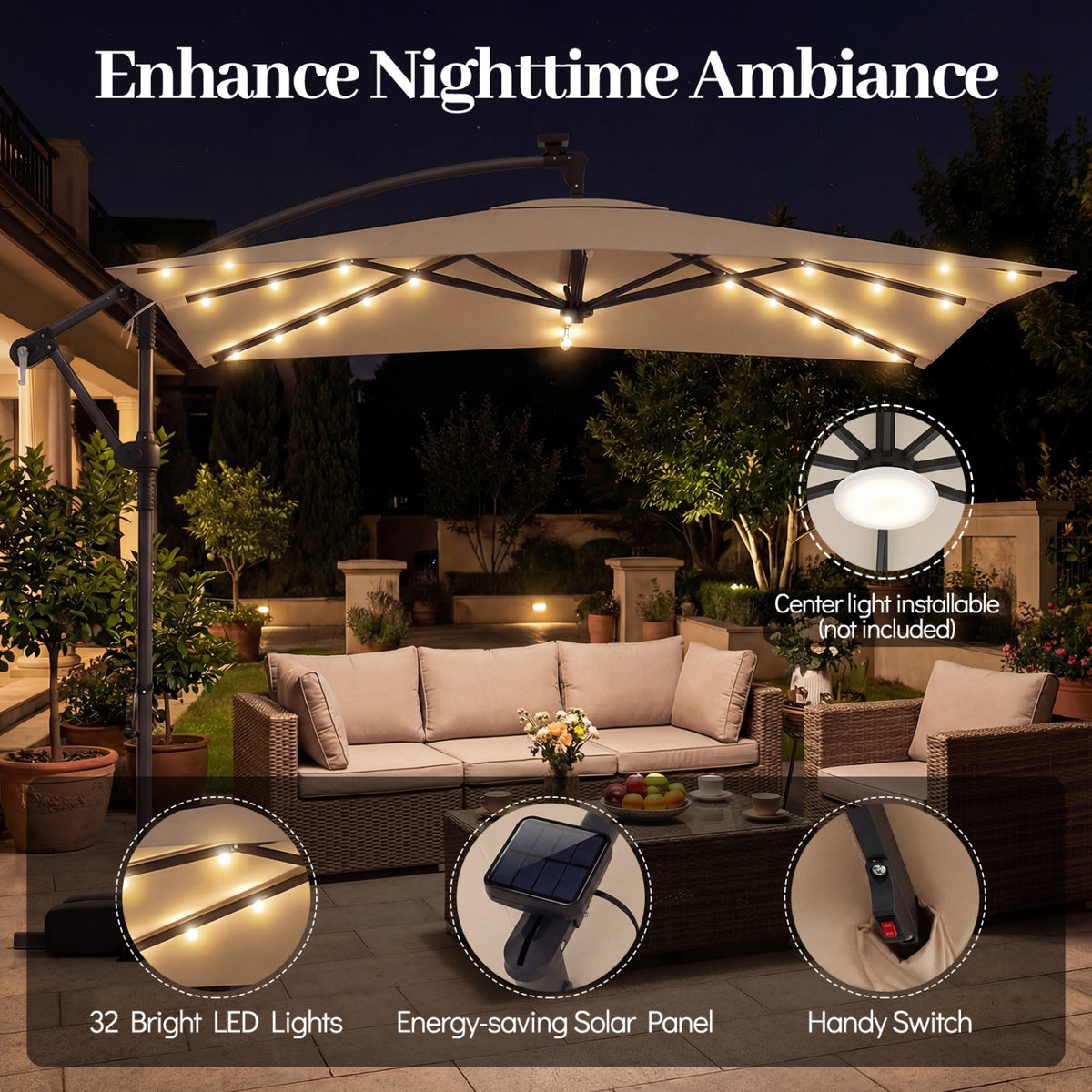 8 x 8 Square FT Solar LED Offset Cantilever Patio Umbrella with 360Â° Rotation-Rustic Brown
