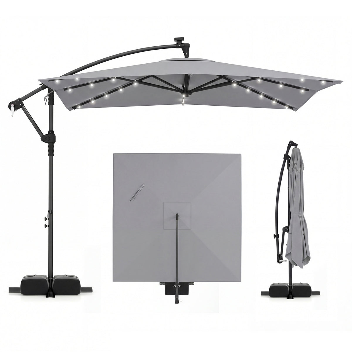 8 x 8 Square FT Solar LED Offset Cantilever Patio Umbrella with 360Â° Rotation-Gray