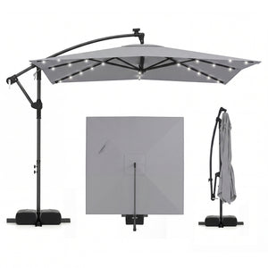 8 x 8 Square FT Solar LED Offset Cantilever Patio Umbrella with 360Â° Rotation-Gray