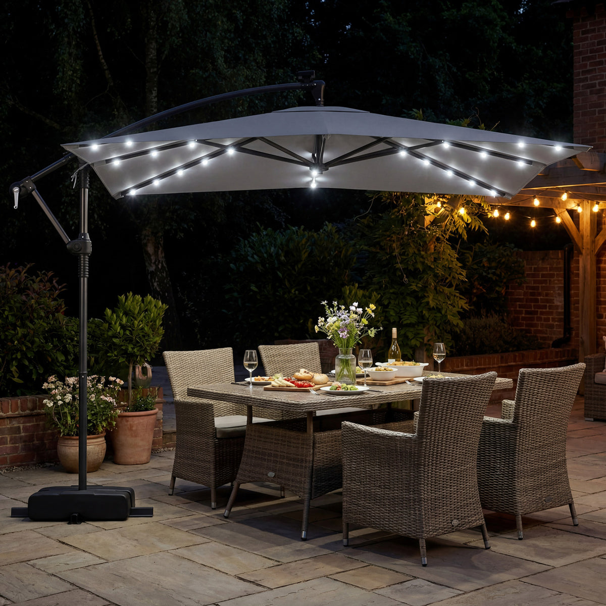 8 x 8 Square FT Solar LED Offset Cantilever Patio Umbrella with 360Â° Rotation-Gray
