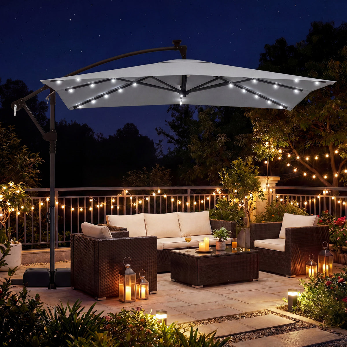 8 x 8 Square FT Solar LED Offset Cantilever Patio Umbrella with 360Â° Rotation-Gray