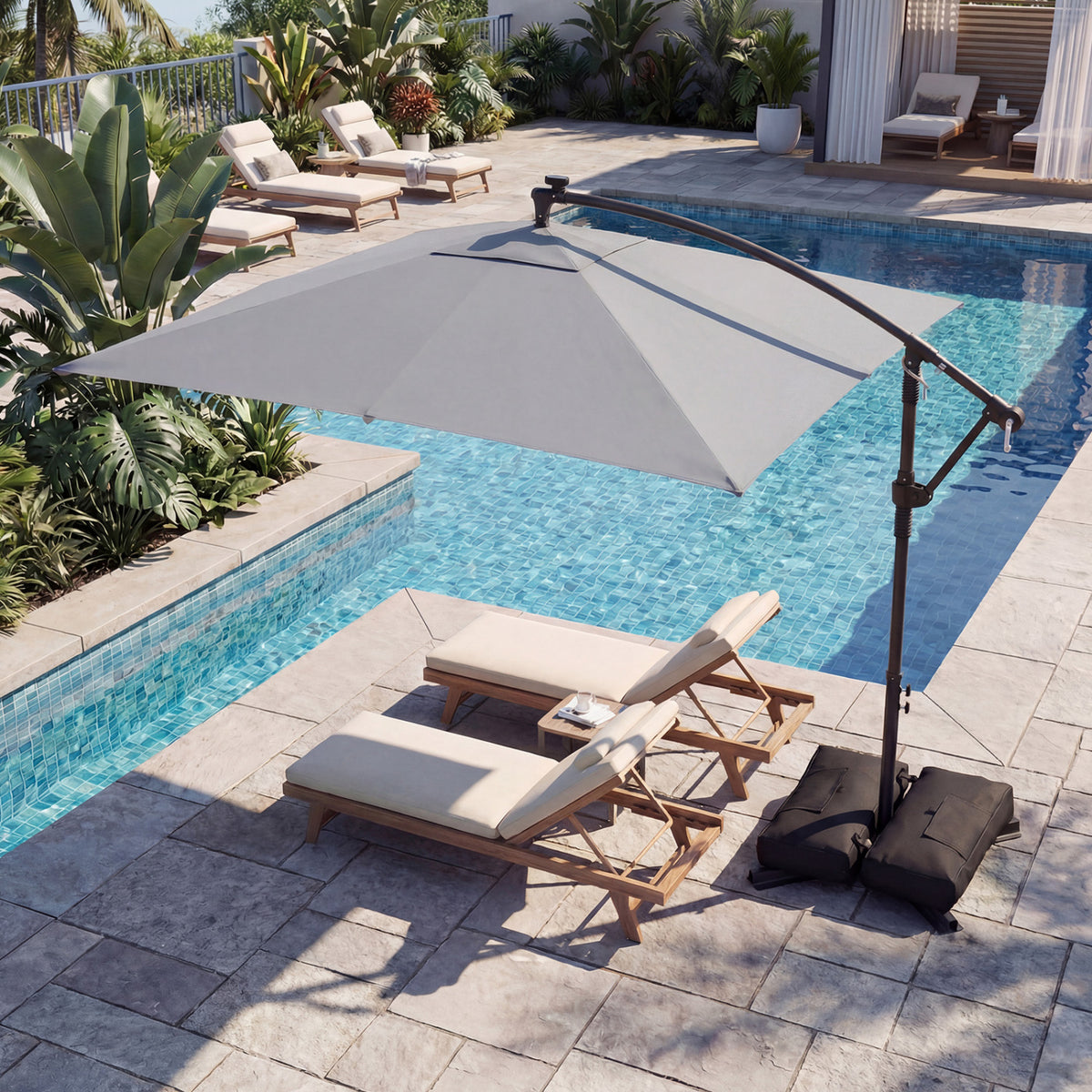 8 x 8 Square FT Solar LED Offset Cantilever Patio Umbrella with 360Â° Rotation-Gray