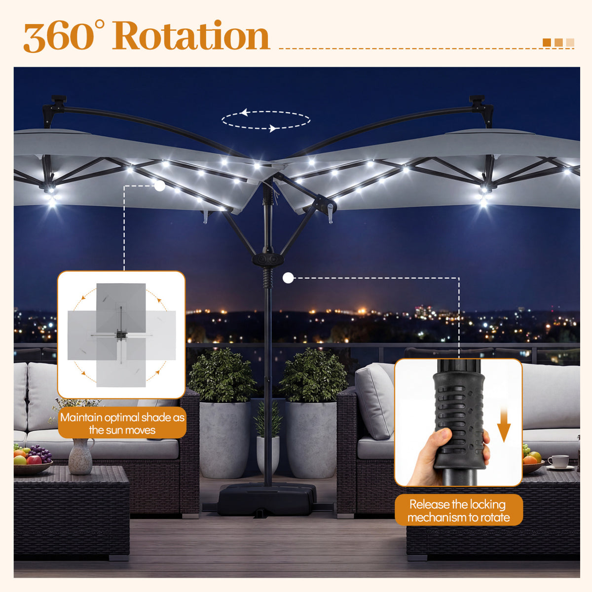 8 x 8 Square FT Solar LED Offset Cantilever Patio Umbrella with 360Â° Rotation-Gray
