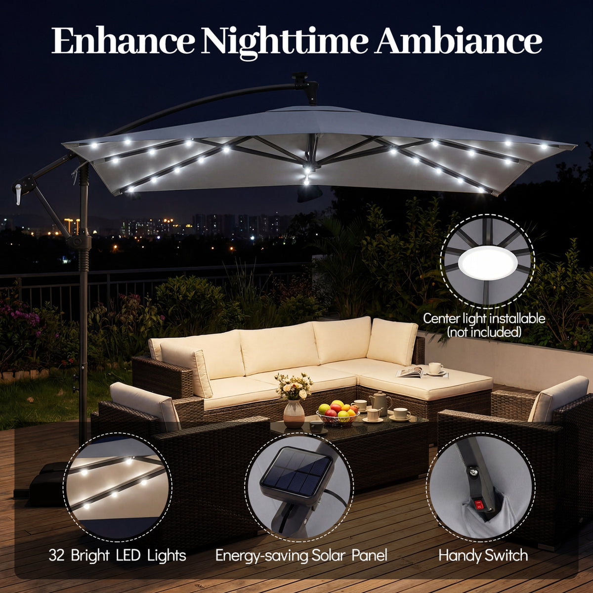 8 x 8 Square FT Solar LED Offset Cantilever Patio Umbrella with 360Â° Rotation-Gray
