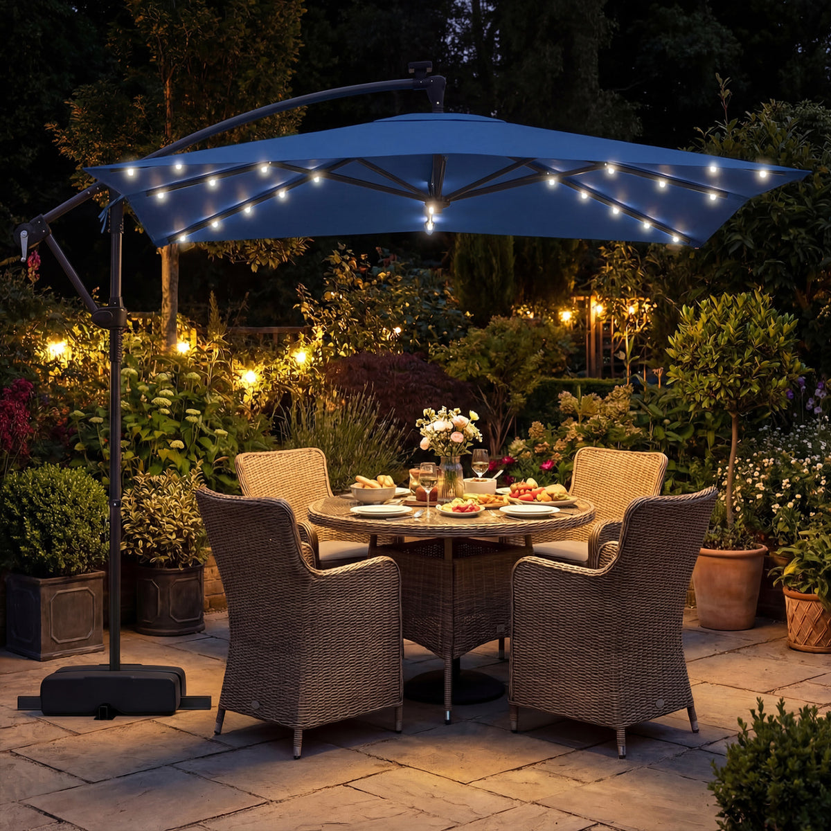 8 x 8 Square FT Solar LED Offset Cantilever Patio Umbrella with 360Â° Rotation-Navy