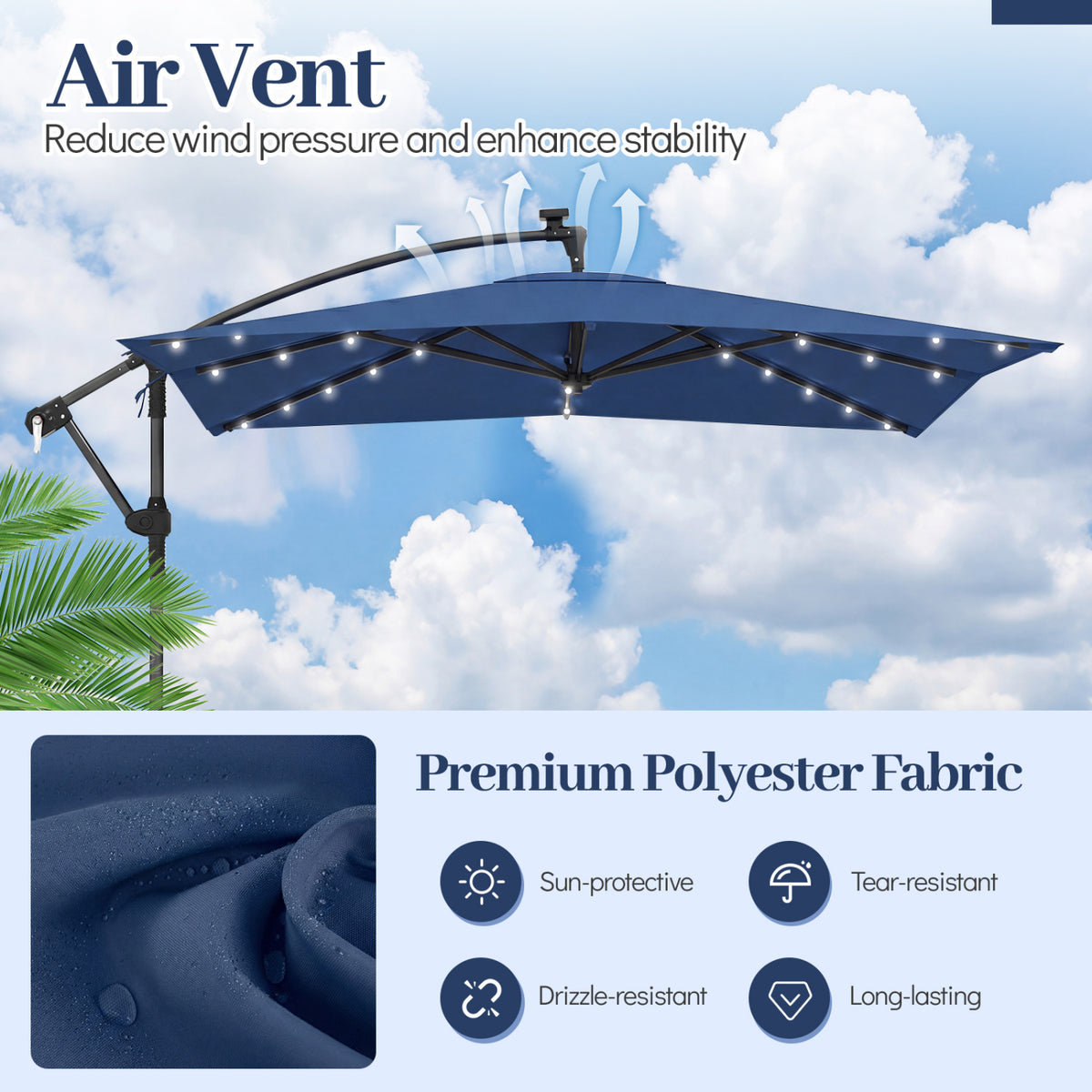 8 x 8 Square FT Solar LED Offset Cantilever Patio Umbrella with 360Â° Rotation-Navy
