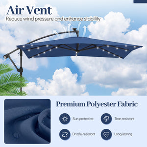 8 x 8 Square FT Solar LED Offset Cantilever Patio Umbrella with 360Â° Rotation-Navy