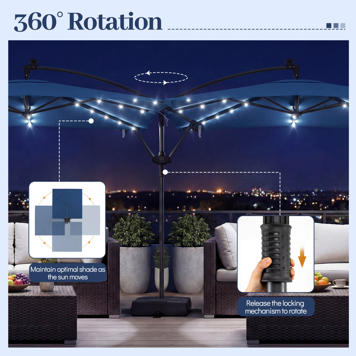 8 x 8 Square FT Solar LED Offset Cantilever Patio Umbrella with 360Â° Rotation-Navy