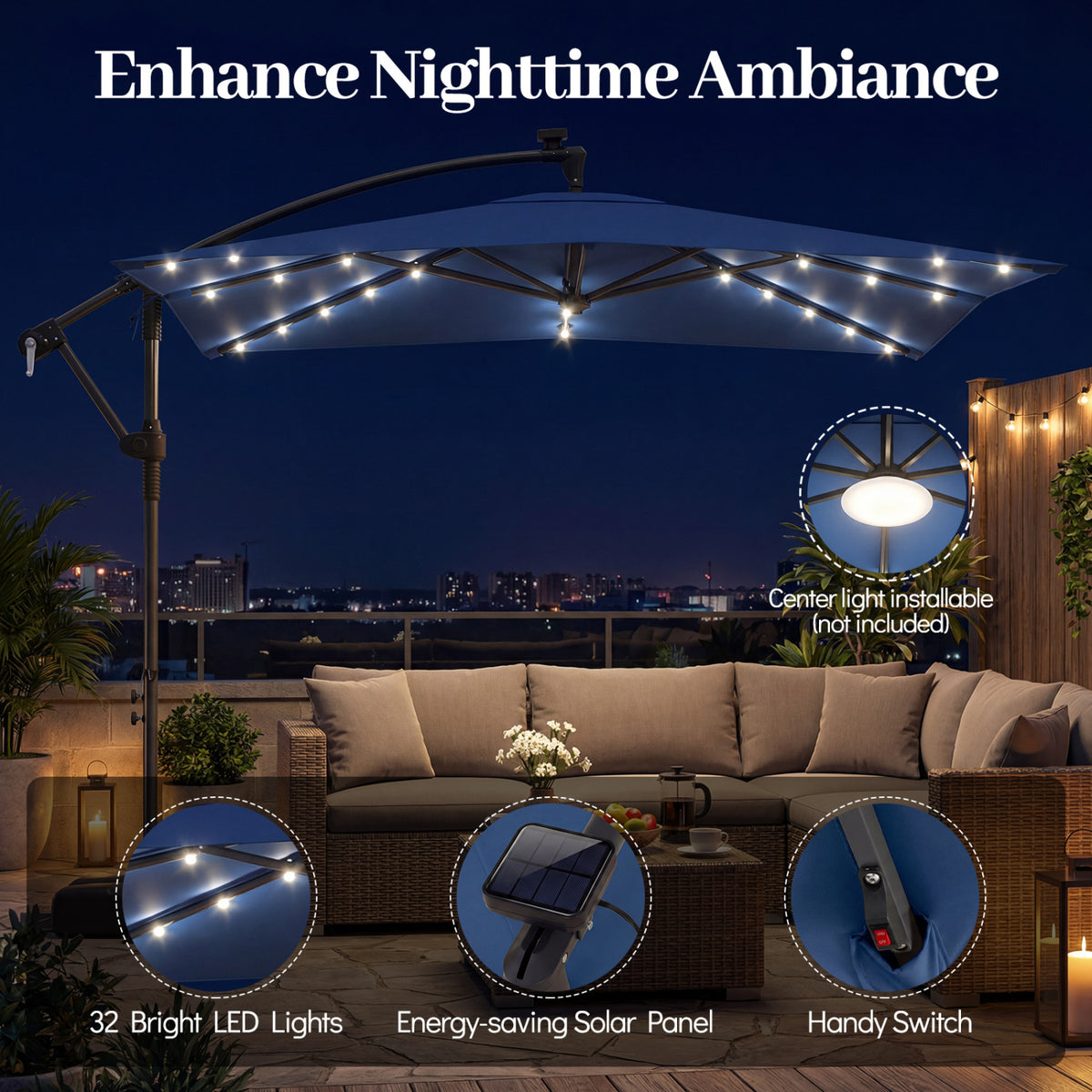 8 x 8 Square FT Solar LED Offset Cantilever Patio Umbrella with 360Â° Rotation-Navy