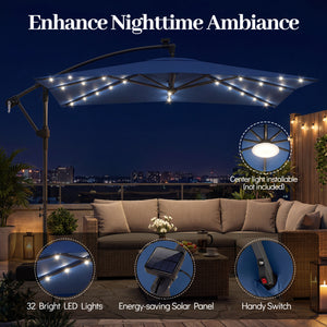 8 x 8 Square FT Solar LED Offset Cantilever Patio Umbrella with 360Â° Rotation-Navy