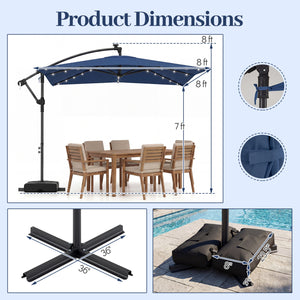 8 x 8 Square FT Solar LED Offset Cantilever Patio Umbrella with 360Â° Rotation-Navy