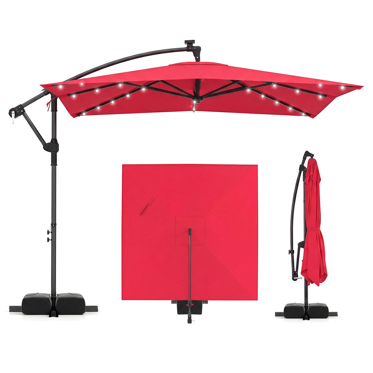 8 x 8 Square FT Solar LED Offset Cantilever Patio Umbrella with 360Â° Rotation-Red