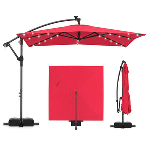 8 x 8 Square FT Solar LED Offset Cantilever Patio Umbrella with 360Â° Rotation-Red