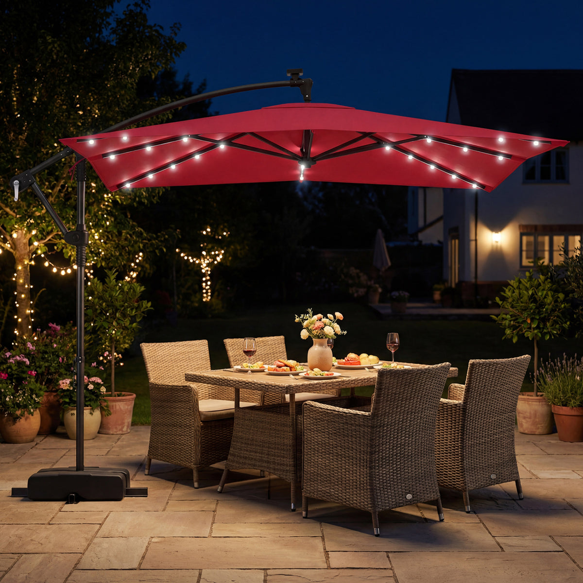 8 x 8 Square FT Solar LED Offset Cantilever Patio Umbrella with 360Â° Rotation-Red