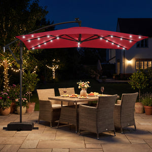 8 x 8 Square FT Solar LED Offset Cantilever Patio Umbrella with 360Â° Rotation-Red