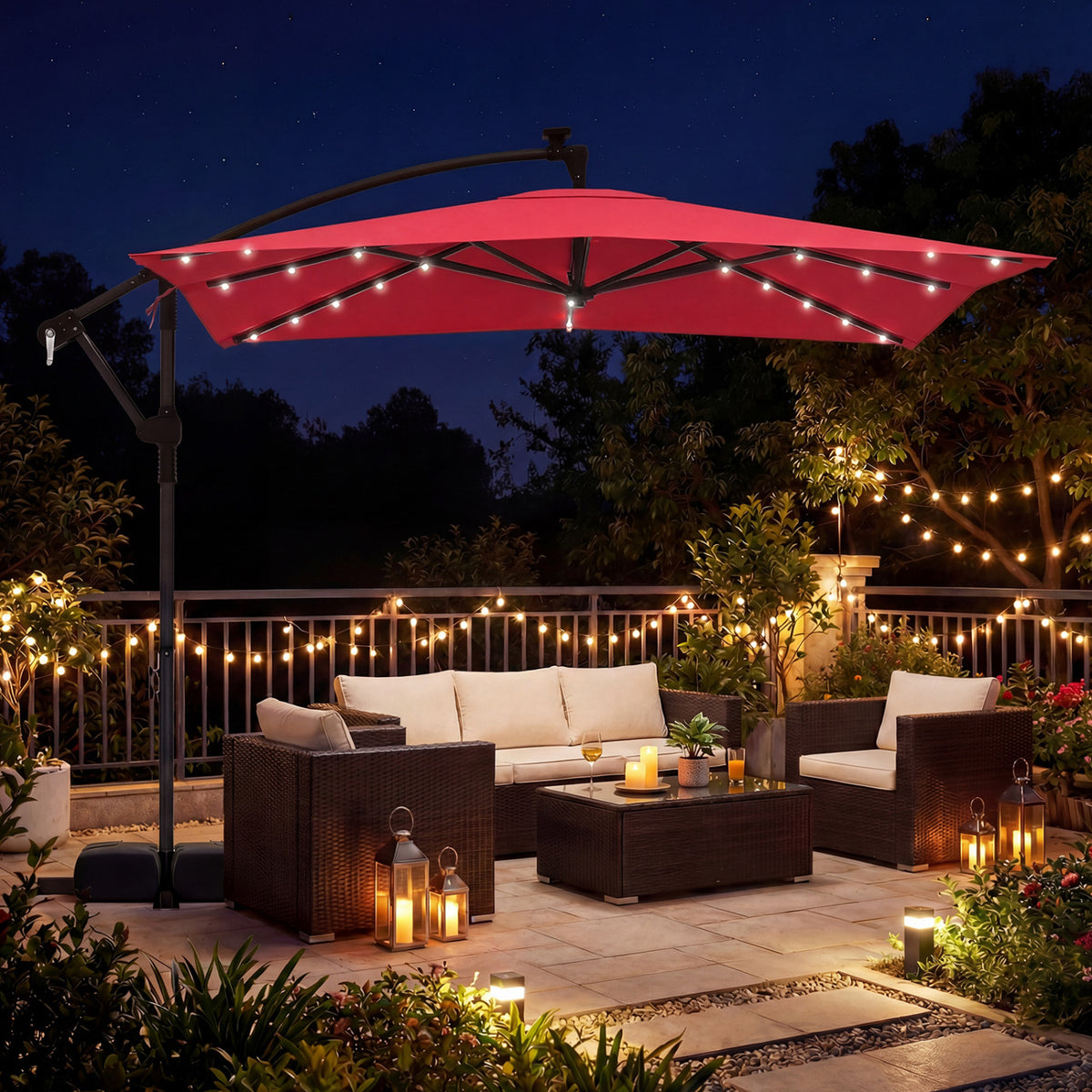 8 x 8 Square FT Solar LED Offset Cantilever Patio Umbrella with 360Â° Rotation-Red