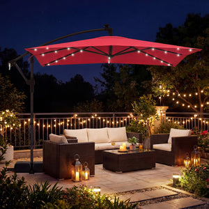 8 x 8 Square FT Solar LED Offset Cantilever Patio Umbrella with 360Â° Rotation-Red