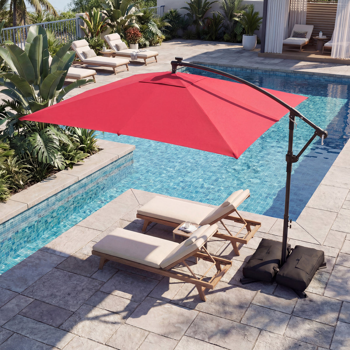 8 x 8 Square FT Solar LED Offset Cantilever Patio Umbrella with 360Â° Rotation-Red