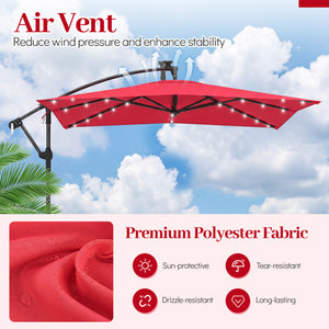 8 x 8 Square FT Solar LED Offset Cantilever Patio Umbrella with 360Â° Rotation-Red