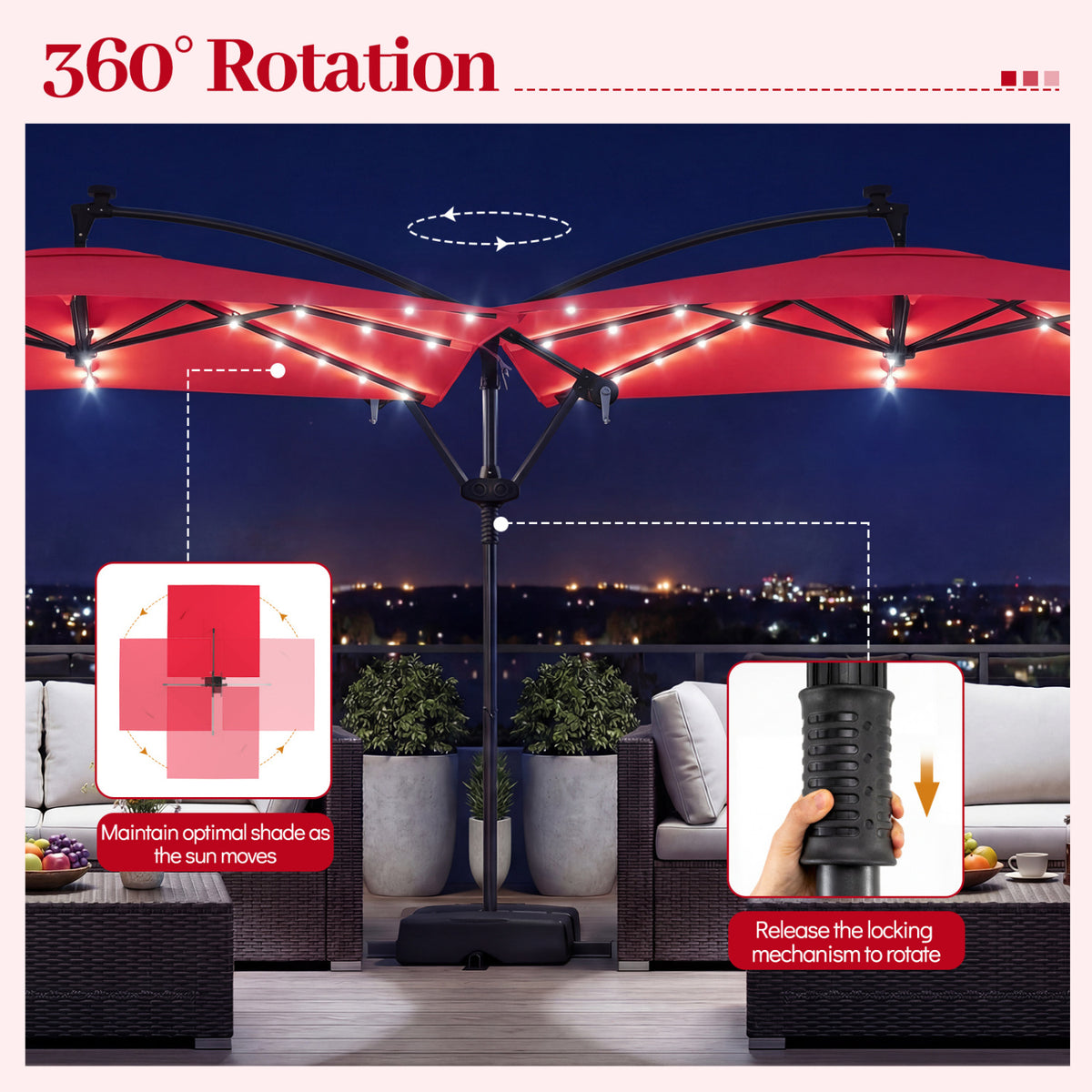 8 x 8 Square FT Solar LED Offset Cantilever Patio Umbrella with 360Â° Rotation-Red