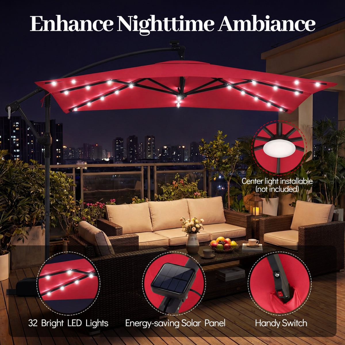 8 x 8 Square FT Solar LED Offset Cantilever Patio Umbrella with 360Â° Rotation-Red