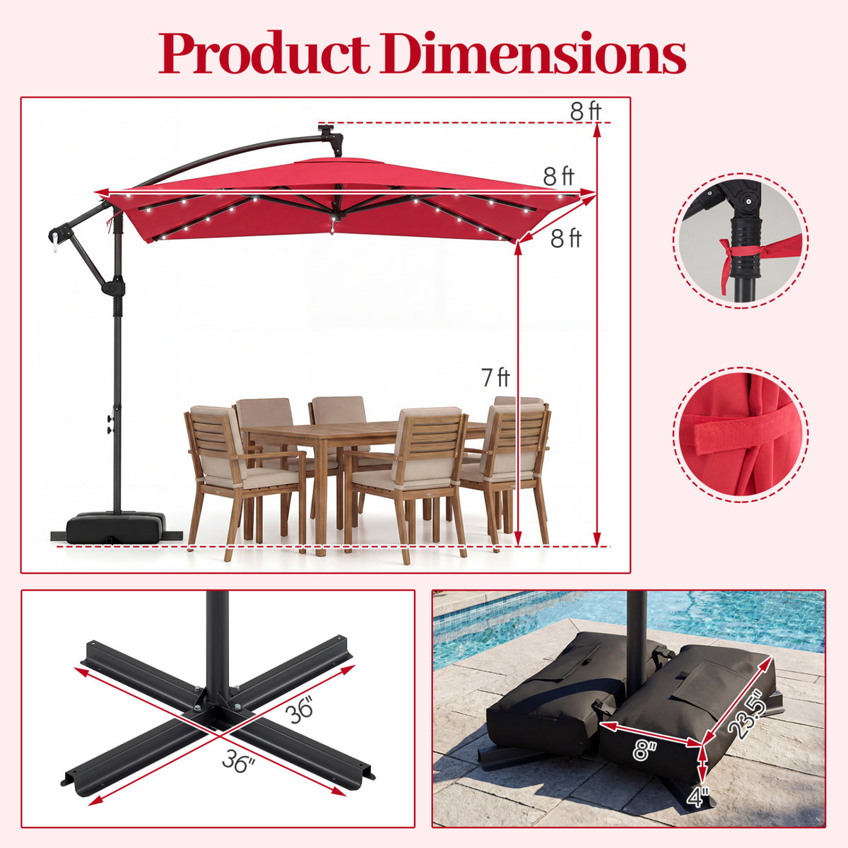 8 x 8 Square FT Solar LED Offset Cantilever Patio Umbrella with 360Â° Rotation-Red