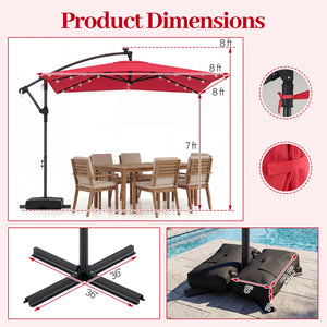 8 x 8 Square FT Solar LED Offset Cantilever Patio Umbrella with 360Â° Rotation-Red