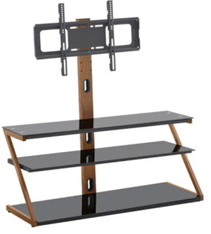 Tempered Glass Height Adjustable Universal Swivel Glass Floor Media Storage Stand With Mount Heat-Transferred Printing Metal Tube, Walnut / Black - Walnut / Black by Couch.com