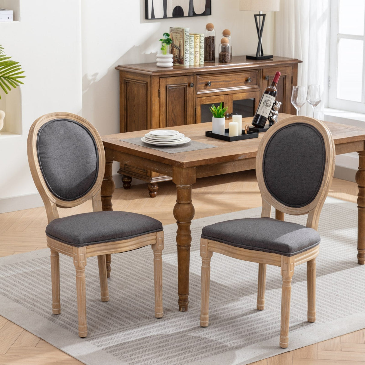 French Style Solid Wood Frame Antique Linen Dining Chair, Set of 2