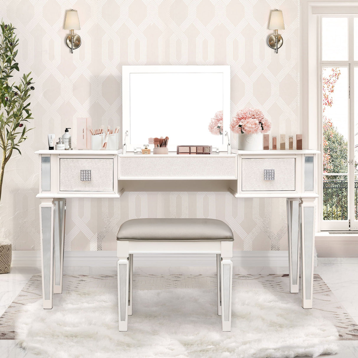 Mirrored Vanity Desk With Drawers And Stool, Flip Up Dressing Table Set For Makeup Room by Couch.com