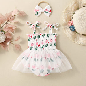 Baby Girl Flower Print Sling Triangle Rompers Tulle Skirt