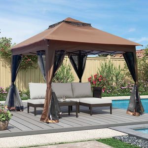 Outdoor 11X 11Ft Pop Up Gazebo Canopy With Removable Zipper Netting, 2 Tier Soft Top Event Tent, Suitable For Patio Backyard Garden Camping Area With 4 Sandbags - Brown by Couch.com