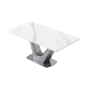 70.84" Modern Artificial Stone Panel V-Shaped Metal Legs, Can Accommodate 6-8 People - White / Gray by Couch.com