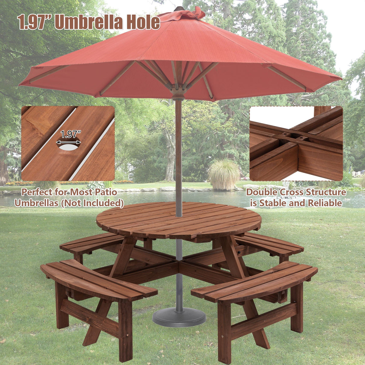 8 Person Wooden Picnic Table, Outdoor Camping Dining Table With Seat, Garden, Diy With 4 Built-In Benches, 2220Lb Capacity by Couch.com