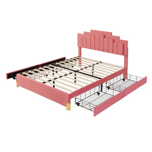 Queen Size Upholstered Platform Bed With LED Lights And 4 Drawers, Stylish Irregular Metal Bed Legs Design - Pink by Couch.com