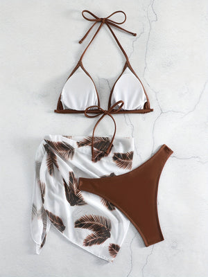 Feather Luxe 3-Piece Bikini Set – Exotic Feather Print Halter Neck Backless Swimsuit with High Cut Tie Back Bottoms and Wrap Cover-Up – Women’s High-Stretch Comfortable Swimwear for Summer Beach & Pool Vacations