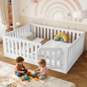 Full Size Floor Bed with High Fence for Kids, Solid Wood Kids Montessori Bed with Door, low-profile and No Box Spring Needed, White