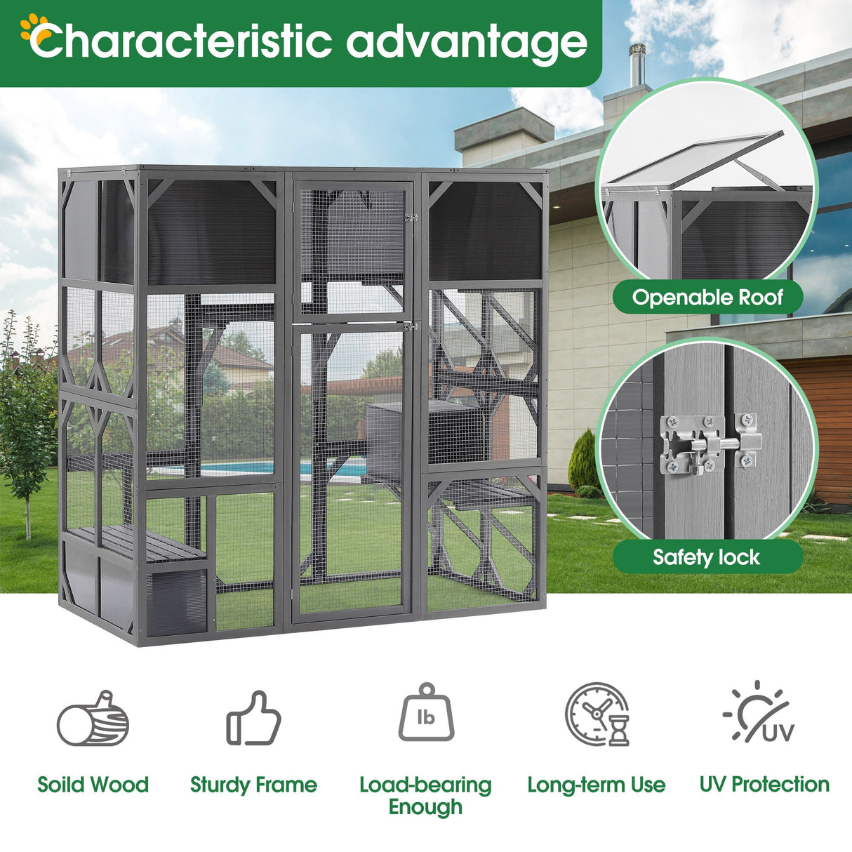 Couch.com Outdoor Wooden Cat House Catio Enclosure With Super Large Enter Door Cat Kennel With Bouncy Bridge, Platforms And Small Houses Walk In Kitten Cage With Sunshine Board Dark Gray by Couch.com